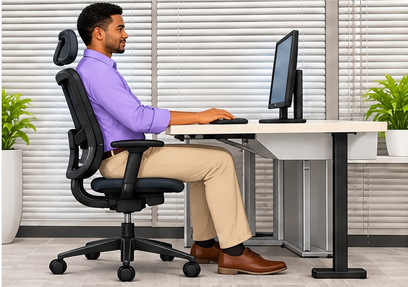 Office worker sitting back, supported and slightly reclined at a well set-up workstation