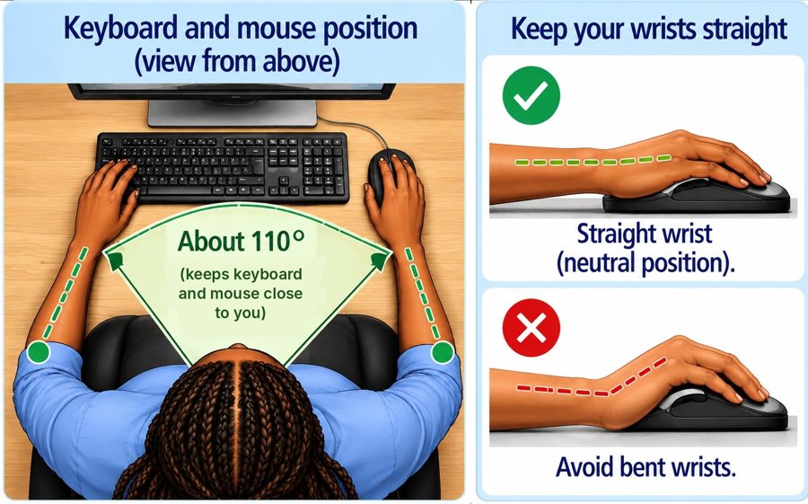 Keyboard and mouse position and straight wrists